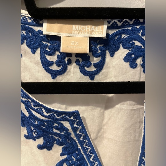 Michael Kors Blue and White Embroidered Tunic with Mandarin Collar - Picture 2 of 3